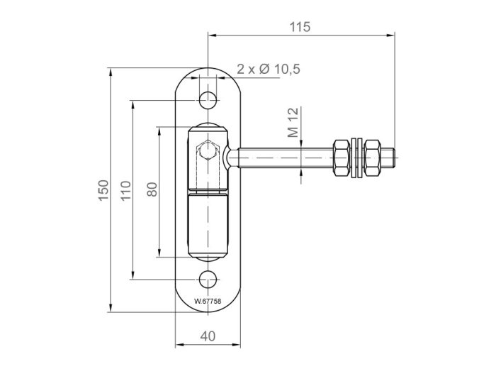Zawias regulowany fi24 M12 z kulą szyld 150x40 mm 61.064.01