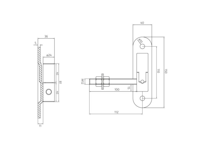 Zawias regulowany fi24 M12 z kulą szyld 150x40 mm 61.064